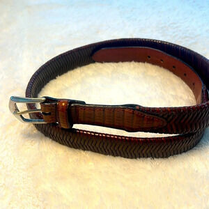 Vintage Brown Belt Sz 34 Fishtail Braided Fullgrain Leather Reptile Brass Buckle